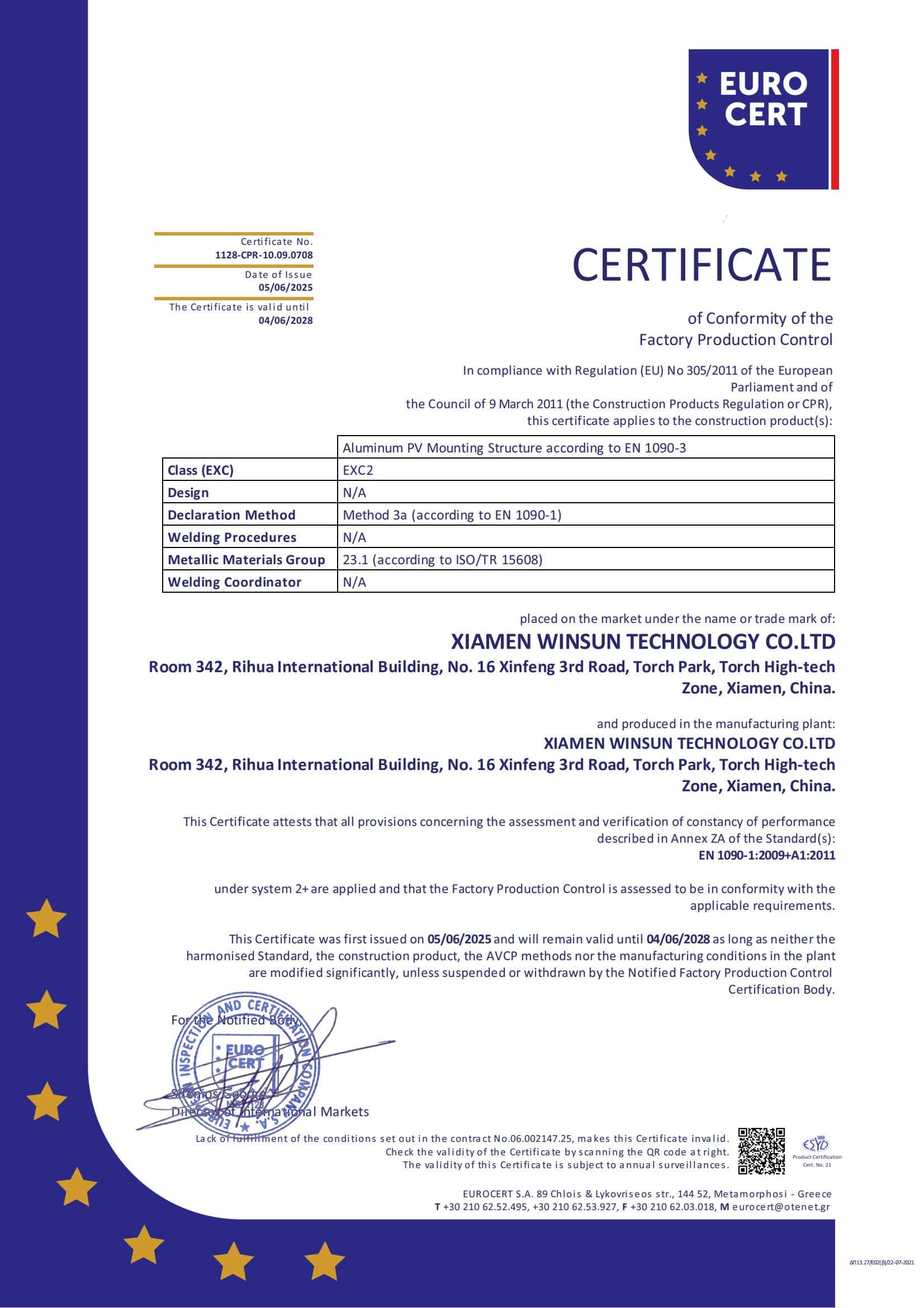 Certificato CE per la struttura di montaggio solare Winsun (EN 1090-1)